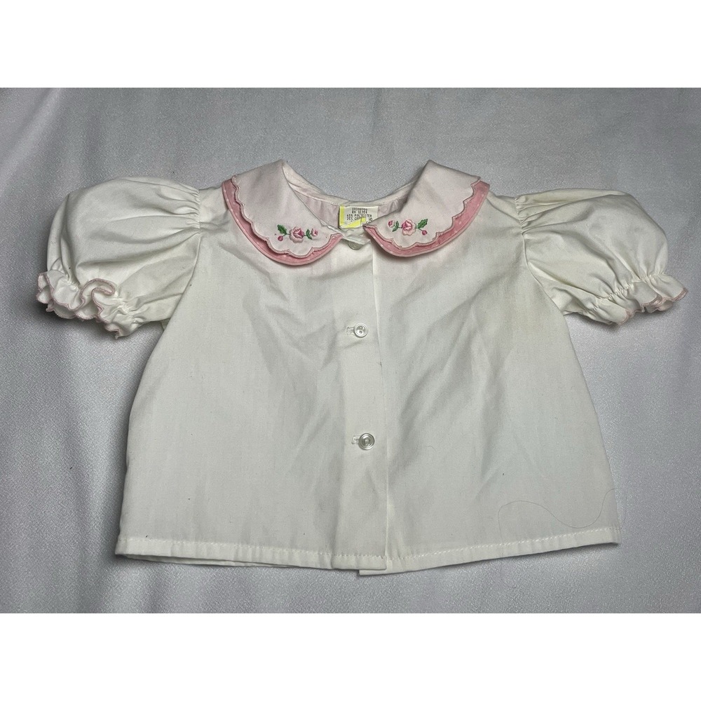 Vintage 3-6 Months Top Embroidered Floral Collar Puffy Sleeve